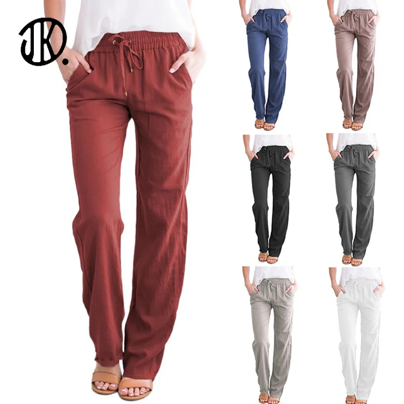 

Female Drawstring Wide-Leg Pant For Female Solid Color Summer Loose Cotton Linen Pants Casual Pocket Oversize 3XL Long Trousers
