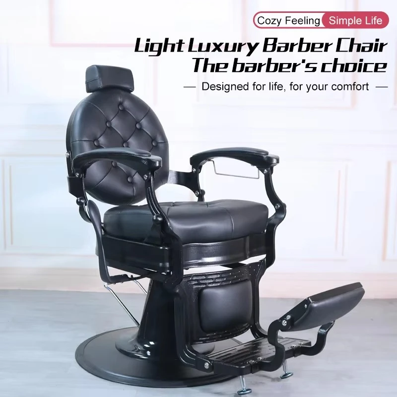 Antique style black gold tufted leather barbershop styling shaving chair hydraulic pump round base hair chair for sale