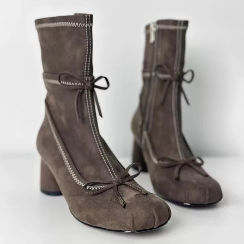 

Suede Designer High Heels Boot Women Bowknot Round Toe Fashion Short Boots Female Zip Retro Autumn Ankle Boots Women Botas Mujer