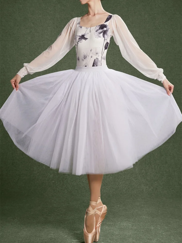 Bailarina Tutus de balé para adultos, branco e preto, 4 camadas, malha grossa, tutu longo, cintura elástica, saias de tule, saia de bola, atacado