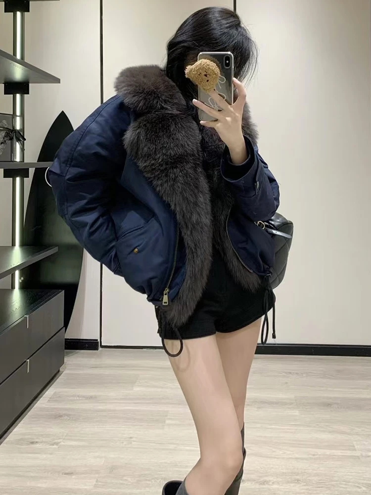 新しい冬暖かいグースダウンパーカーコート天然リアルキツネの毛皮の襟ジャケットフグジャケット女性厚い女性生き抜く