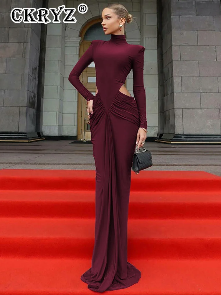 فستان أنيق للحفلات المسائية للسيدات للخريف بأكمام طويلة مفرغة فساتين ماكسي مكشكشة ملابس النادي ملابس الخريف