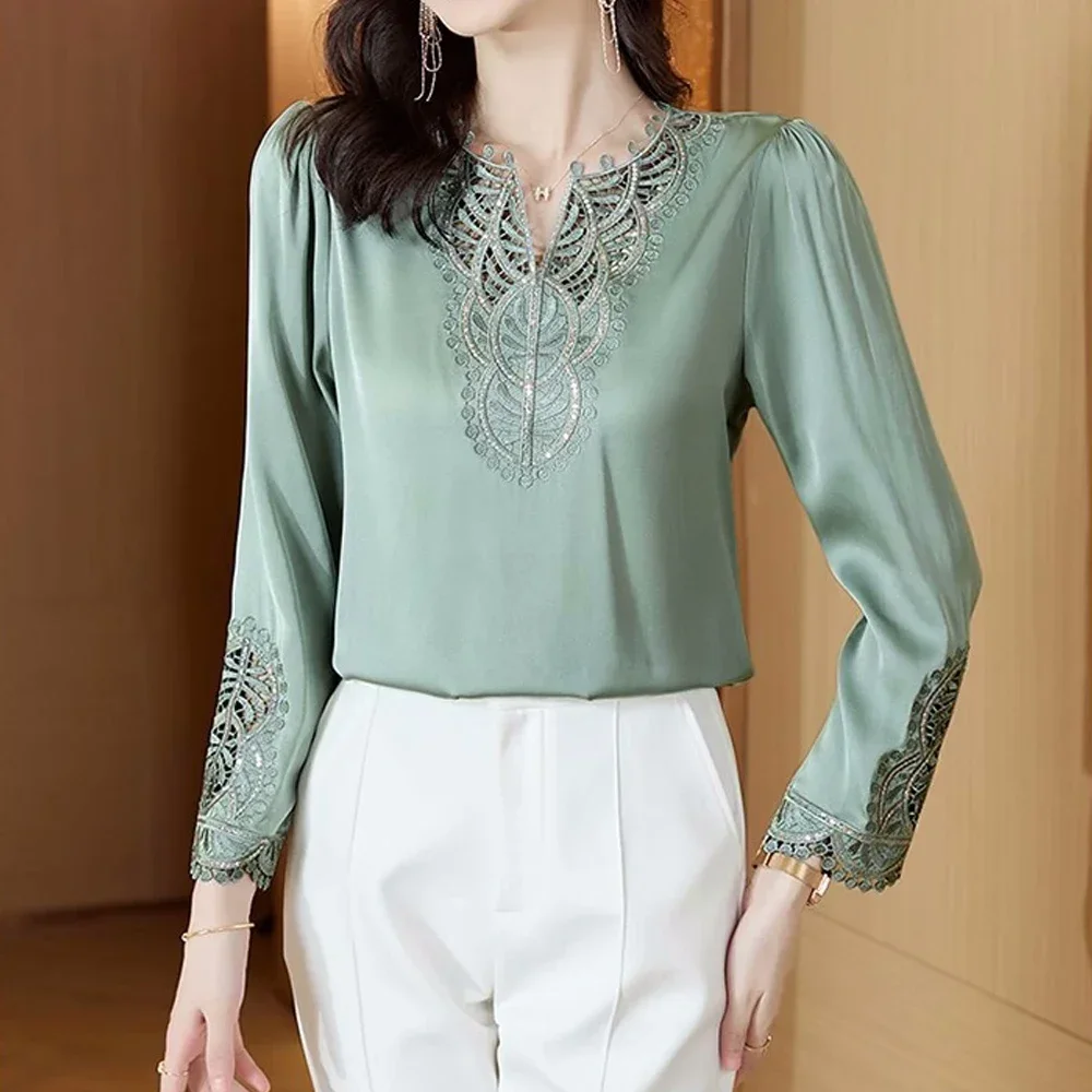 Fashion Women Silk Blouses 2024 Spring Long Sleeve Embroidery Shirts Elegant Office Lady Retro Design Tops Clothing LU23