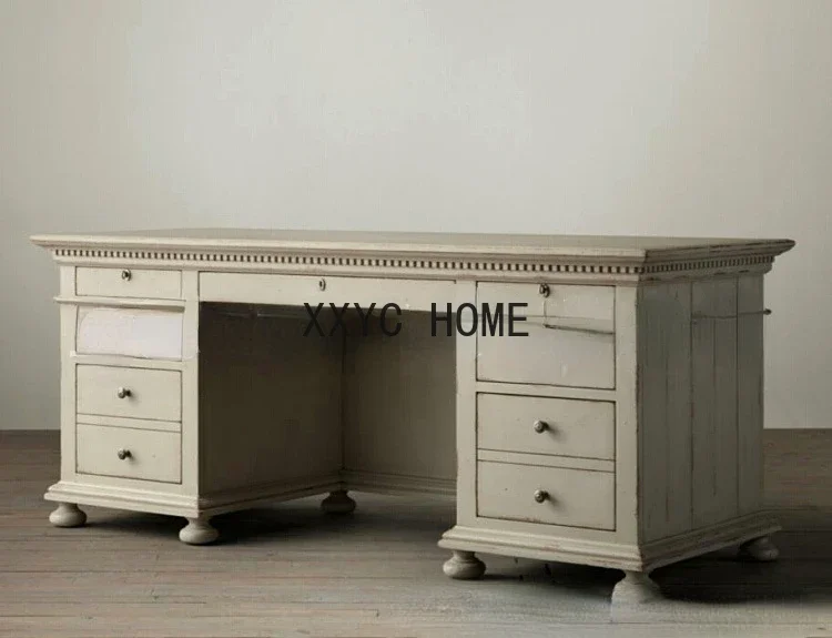 

Solid Wood Desk-Style Retro Distressed Carved Children's Storage Table Desk Chair Combination