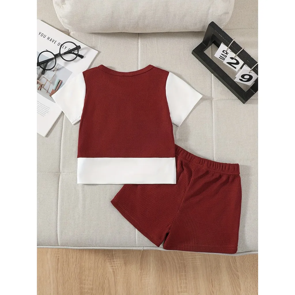 0-3Years Infant Boy Fashion Sports Style Clothing Set Short Sleeved Color Blocked Top+Solid Color Shorts 2PCS Clothes Outfits