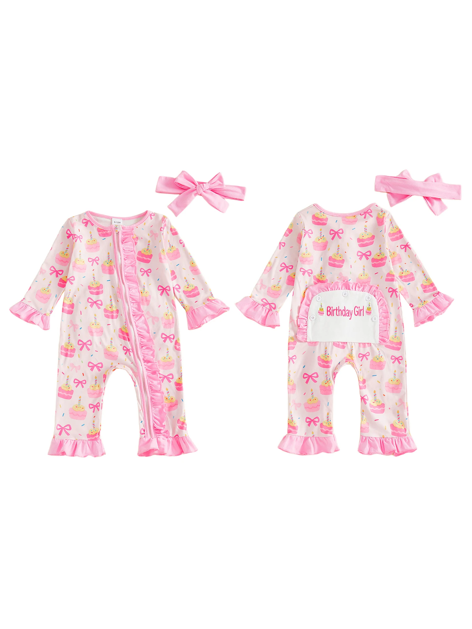 

Комбинезон принцессы на день рождения для младенцев с оборками и принтом торта, комбинезон на молнии с длинными рукавами и повязкой на голову с бантом для маленькой девочки