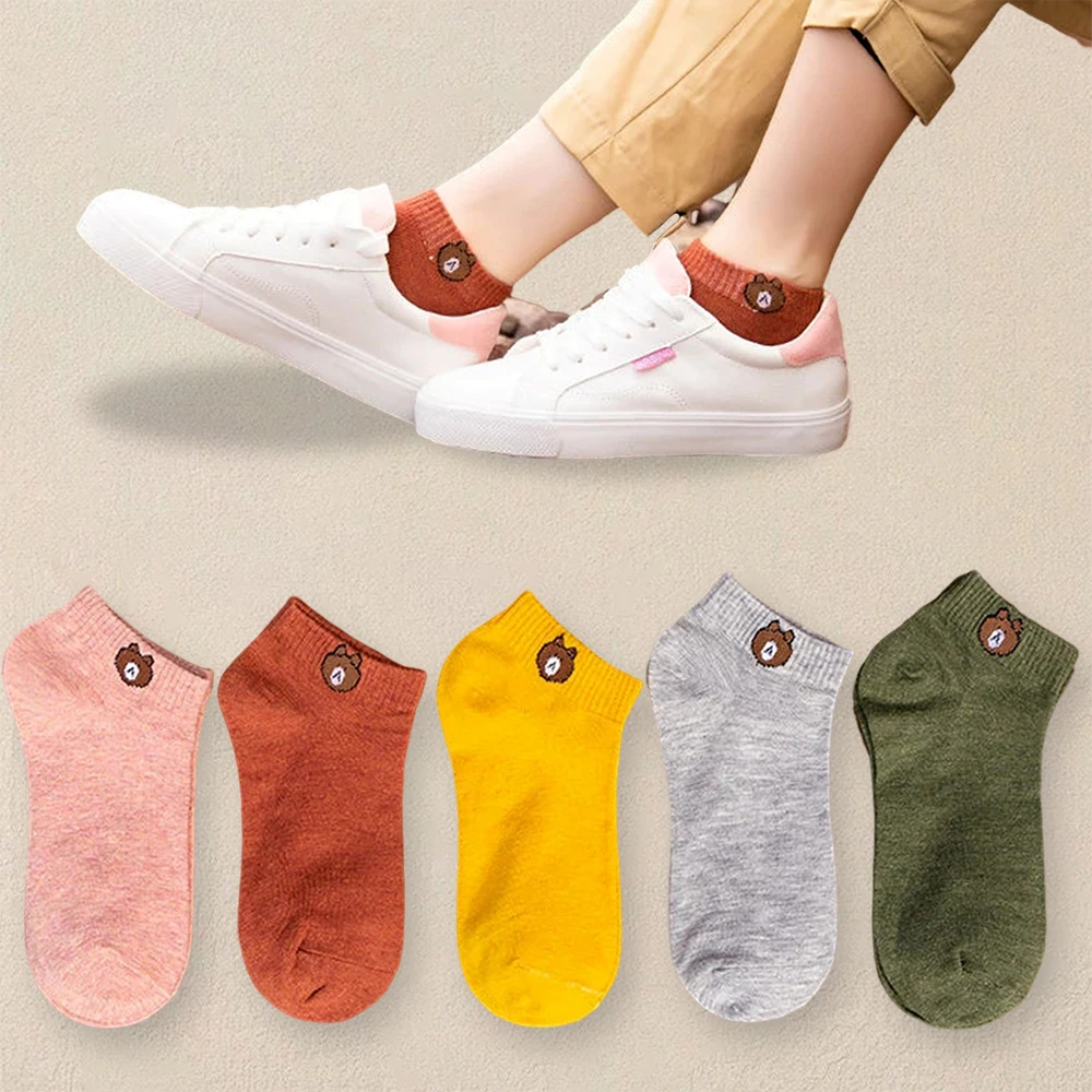 10 Pairs Women Cartoon Teddy Bear Patterned Ankle Socks Cute Fashionable Versatile Socks Antibacterial Breathable Casual Socks