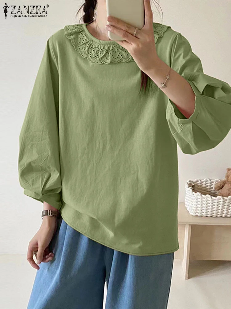 ZANZEA Lantern Sleeve Trendy Smock Tops Lace Trim O Neck Women Loose Casual Solid Color Blusas Mujer Elegant 2025 Spring Blouses