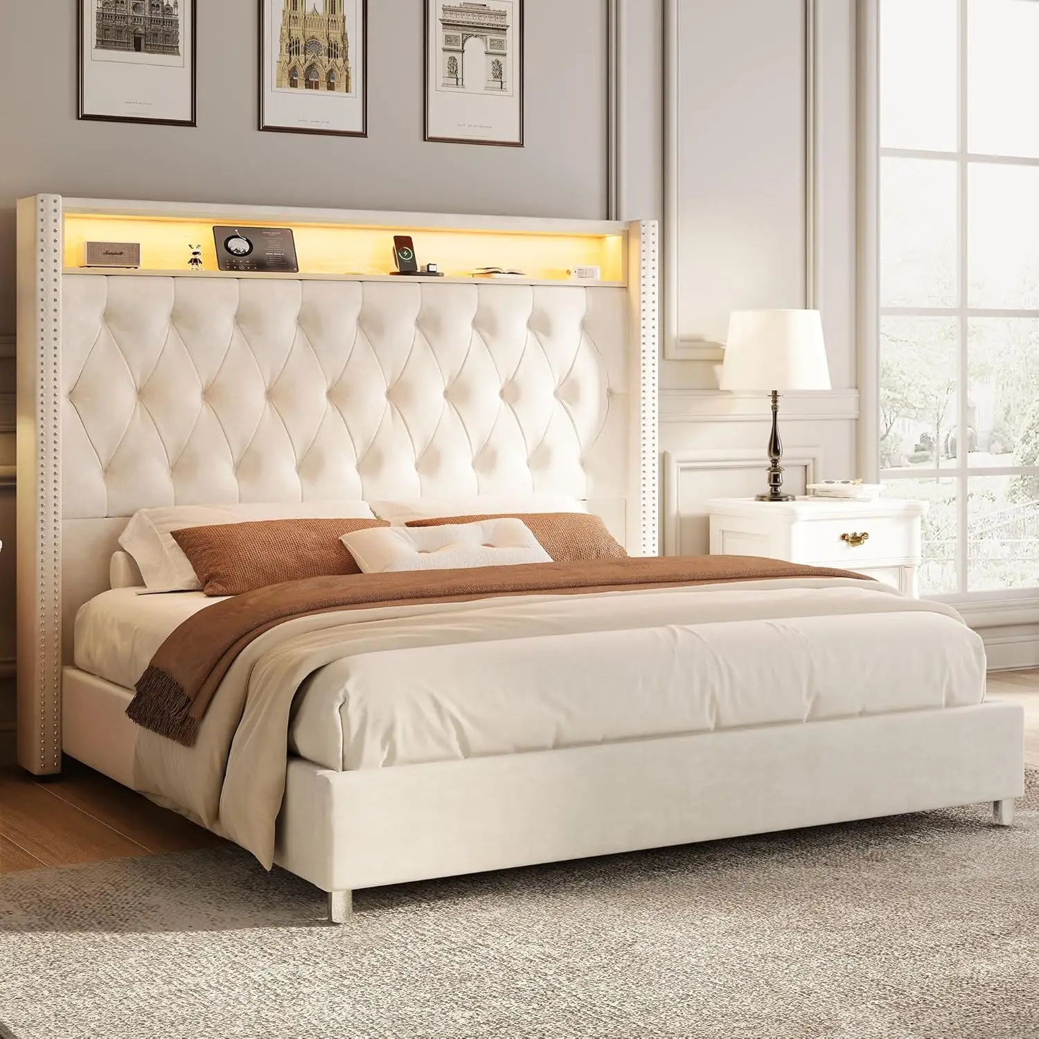 Base de Cama King Size/Cabezal de Terciopelo de 53.2 Pulgadas/LED/Carga, Color Crema | Cabecero de Cama con Almacenamiento de 53.2 Pulgadas, Tapizado en Terciopelo, con LED, Personalizado