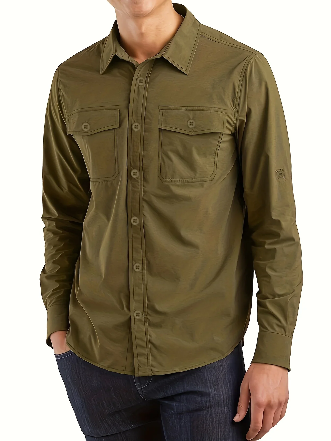 Plus Size Men's Shirt, Solid Long Sleeve Cargo Shirt For Spring Fall, Men's Clothing