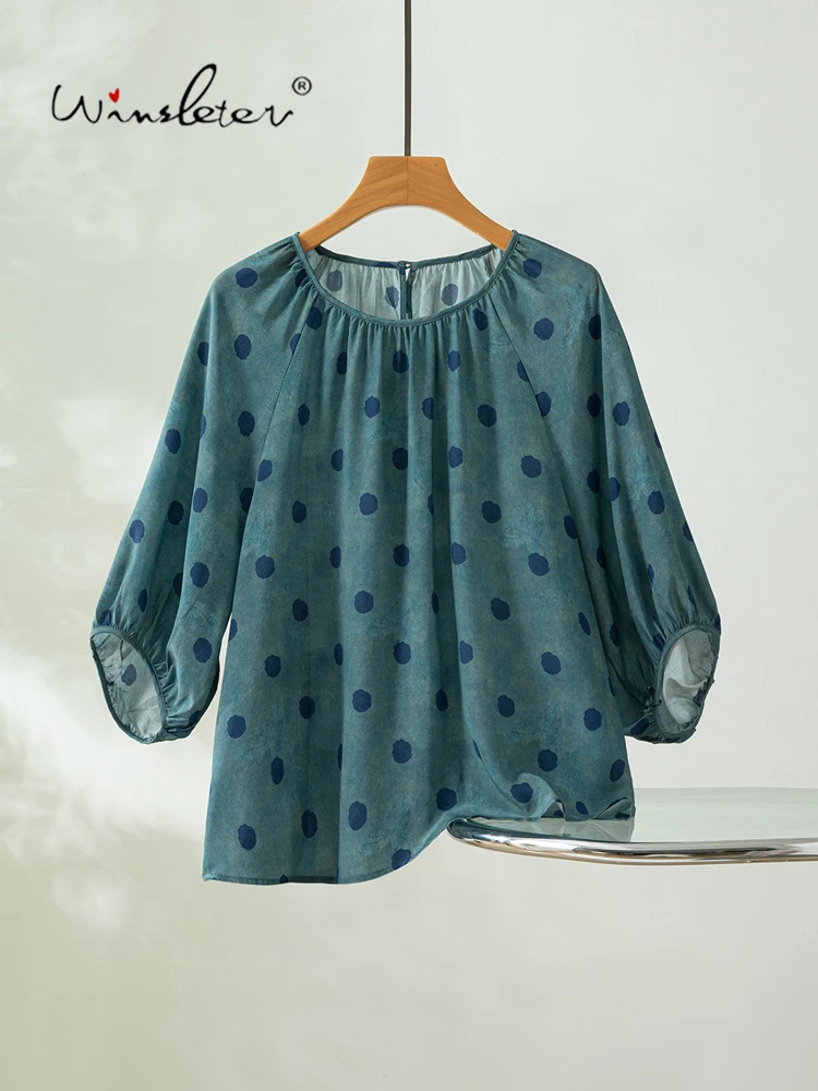 Winsleter-100%Real Silk Double Crepe Elegant T-Shirt, Lantern Sleeve Dot Print, Women French Loose Top, 2026 Summer New T66867CC