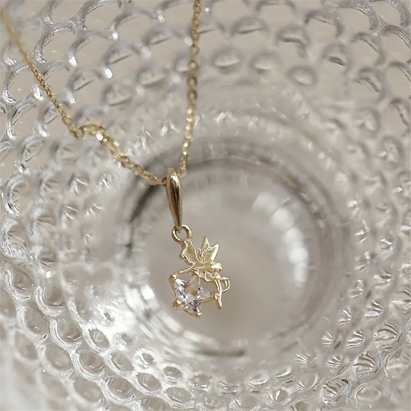 Playful Cute Shiny Star Zircon Elf Necklace for Women Korean 925 Sterling Silver 14k Gold Plated Clavicle Chain Jewelry