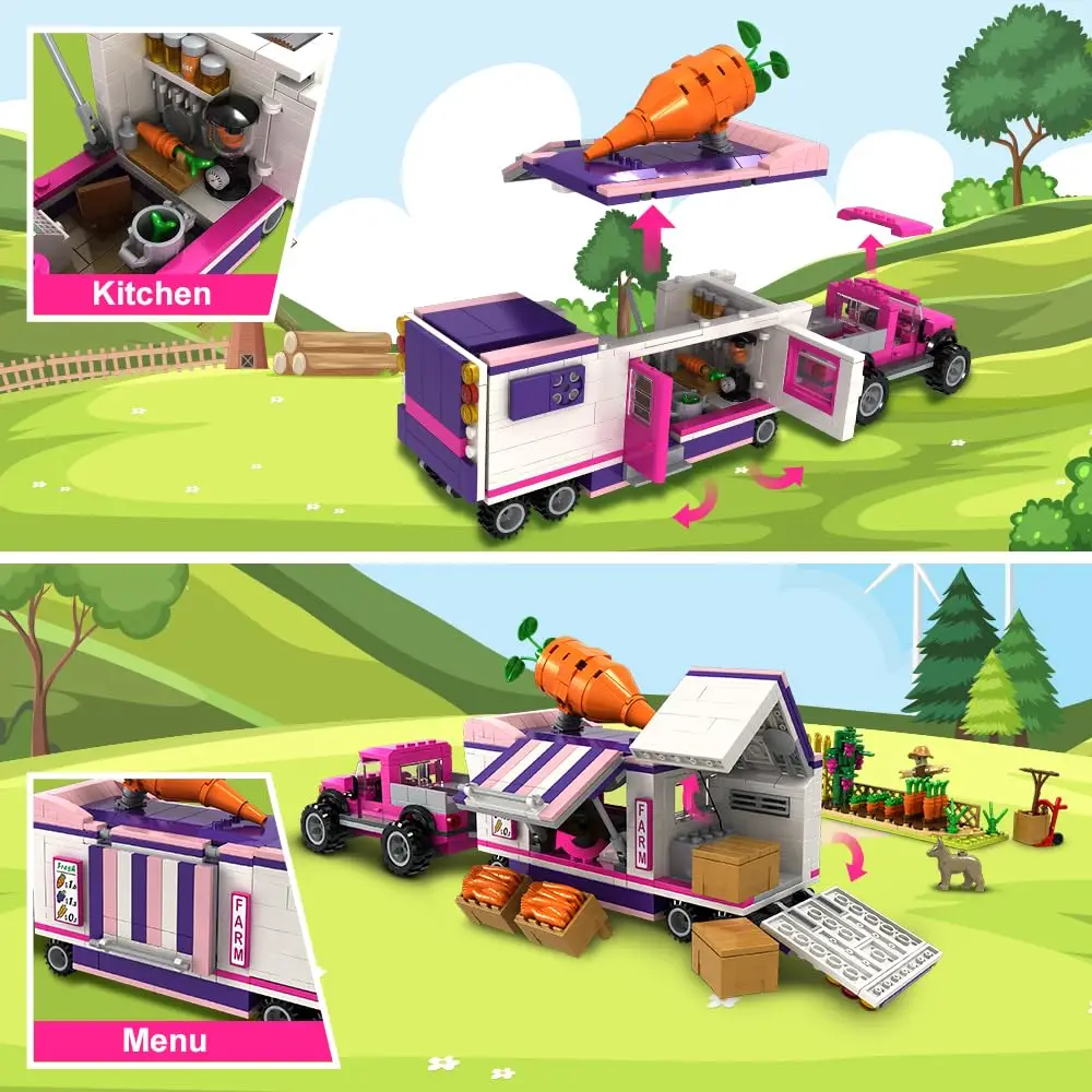 HOGOKIDS-juguetes de construcción de granja 3 en 1, camión de tren de mercado con LED, agrícola, con pegatinas, regalo de cumpleaños para niñas y niños, Age6 +