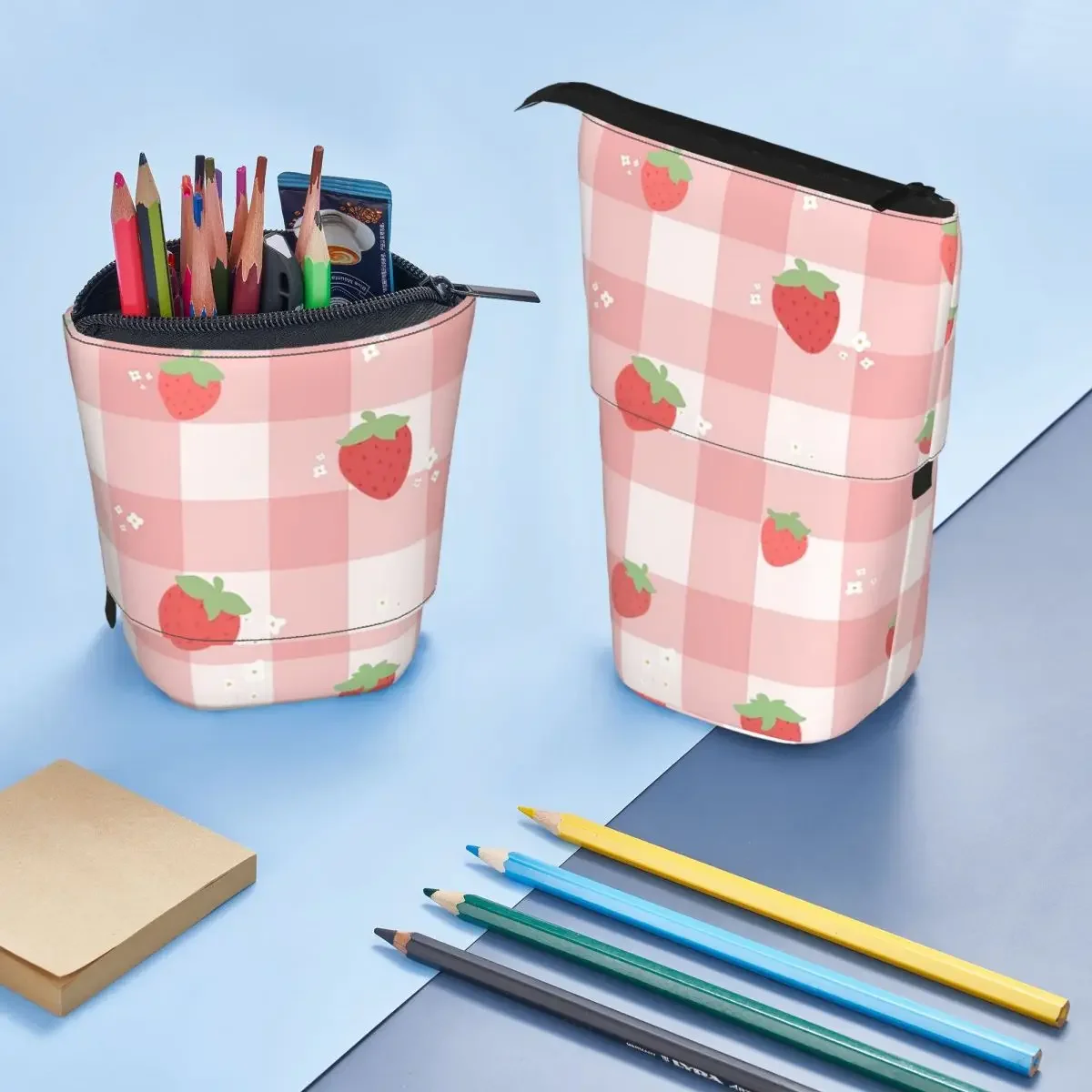 Erdbeer-Kariertes Wendbares Federmäppchen für Jungen und Mädchen, Geschenk-Stiftbox, Stifttasche, Schreibwaren-Etui, Stifthalter-Tasche