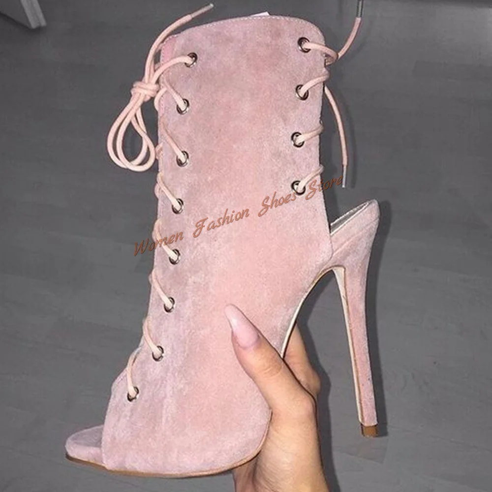 

Pink Peep Toe Lace up Boots Mid Calf Stilettos High Heels Suede High Heel Shoes for Women Heels 2024 New Zapatos Para Mujere