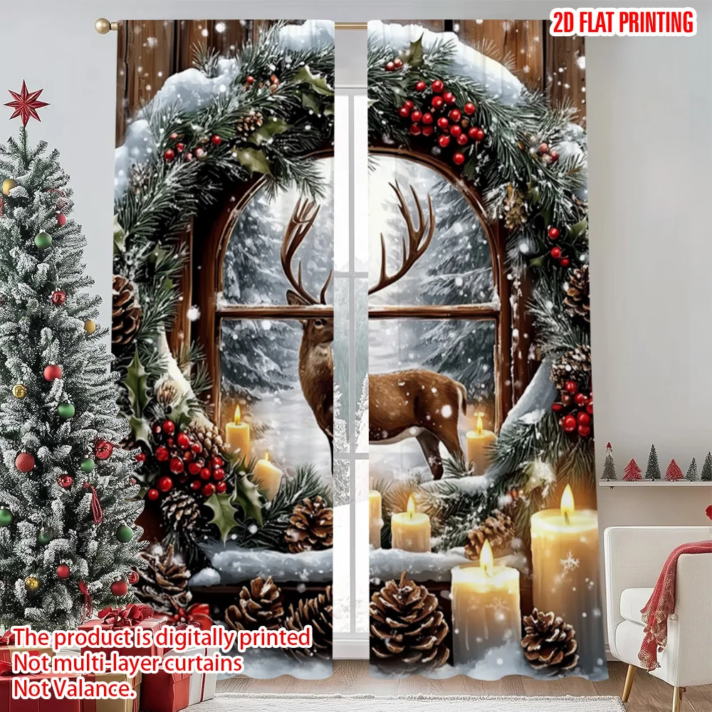 

2pcs 2D flat printing Christmas Party Curtain Christmas holiday Durable 100% Polyester Fabric Without Electricity Spring Party &