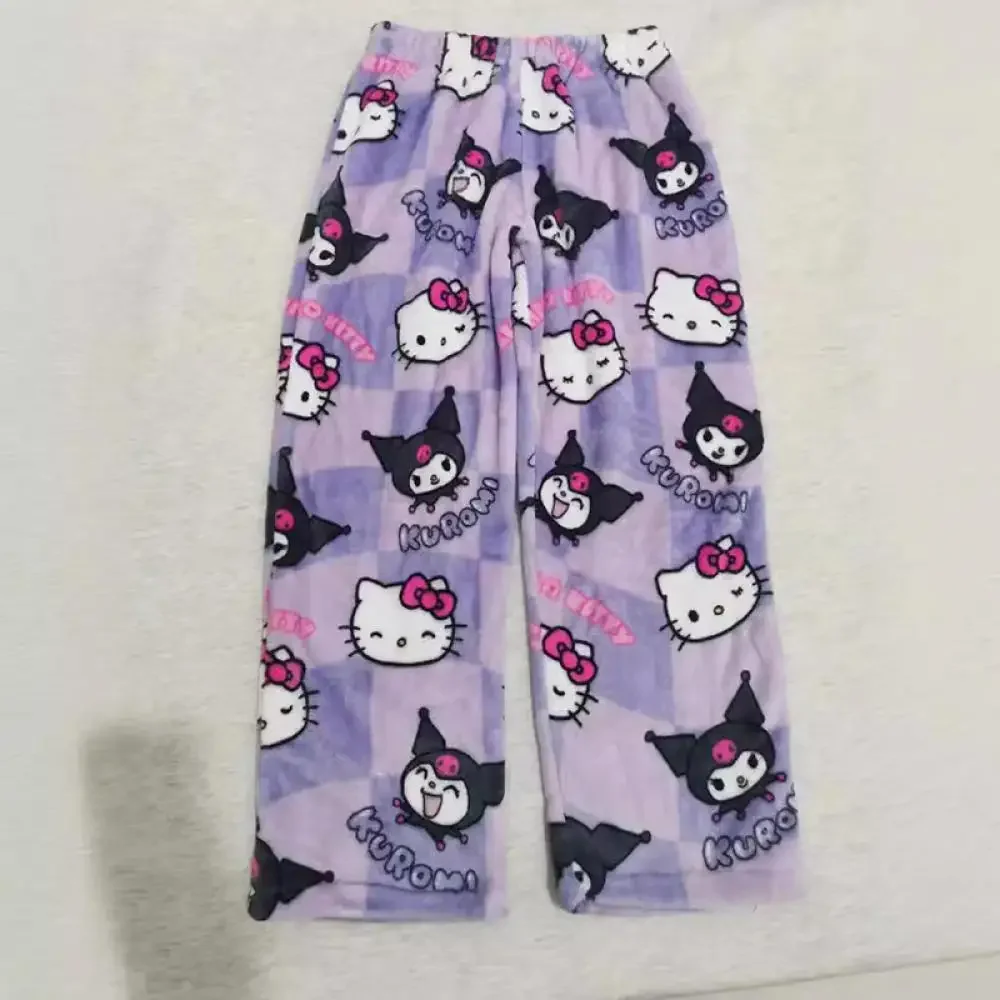 Sanrio Kuromi pantalones de pijama para mujer Kawaii Hello Kitty Anime pantalones de pierna ancha de dibujos animados pijamas para el hogar pantalones cortos lindos regalo para niñas