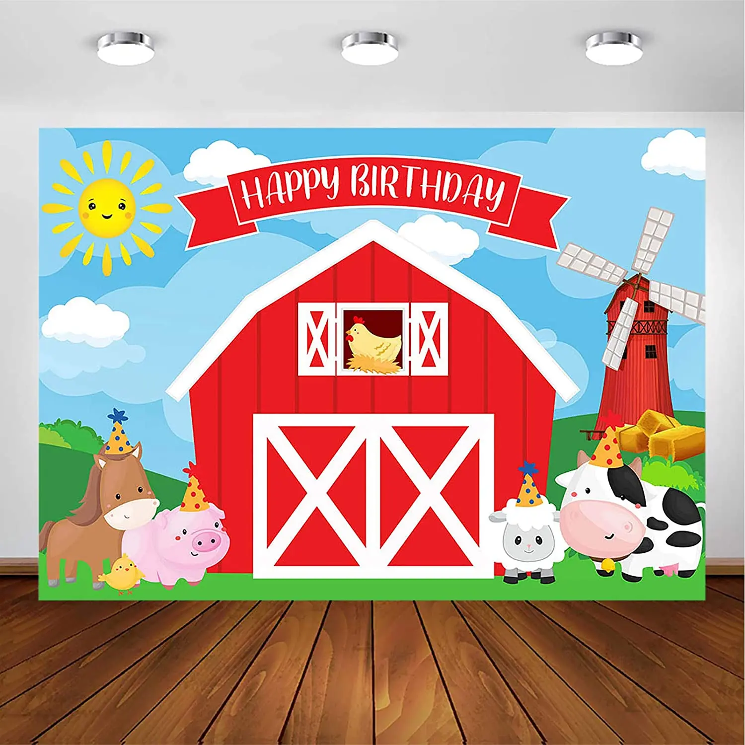 

Photography Backdrop For Kids Birthday Party Decoration Red Barn Farm Animal Background Cartoon Happy Birthday Party Banner