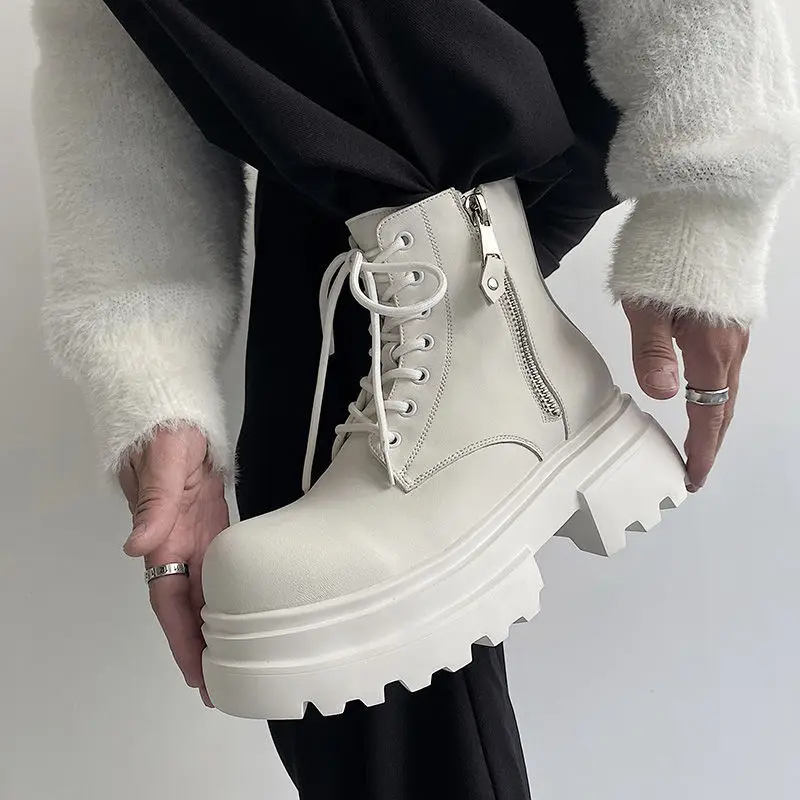 

Мужские повседневные ботинки в стиле панк-рок из натуральной кожи, черно-белые дизайнерские туфли, ковбойские ботинки на платформе, весенне-осенние стильные ботинки до щиколотки для мужчин