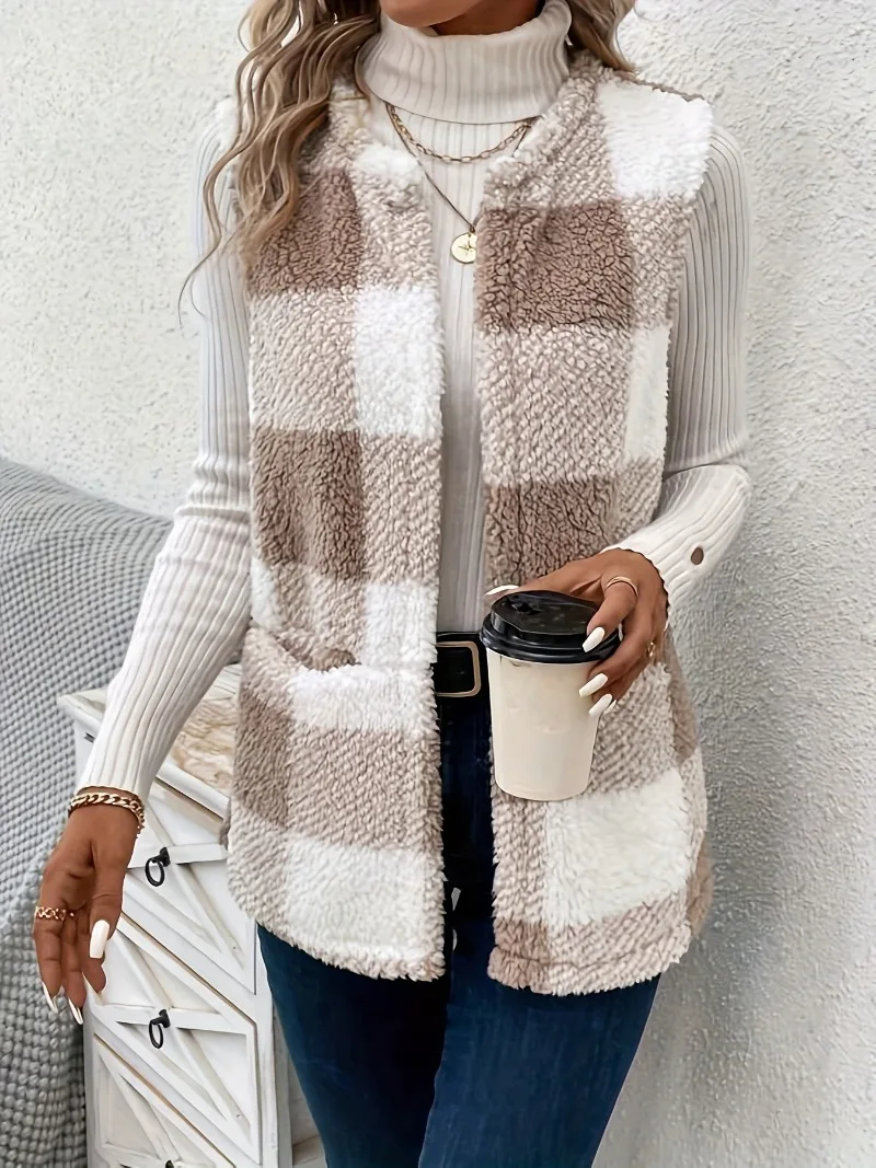 Plus Size 1XL-5XL Casual Jacket  Women\'s Plaid Print Teddy Fleece Open Front Round Neck Vest Jacket