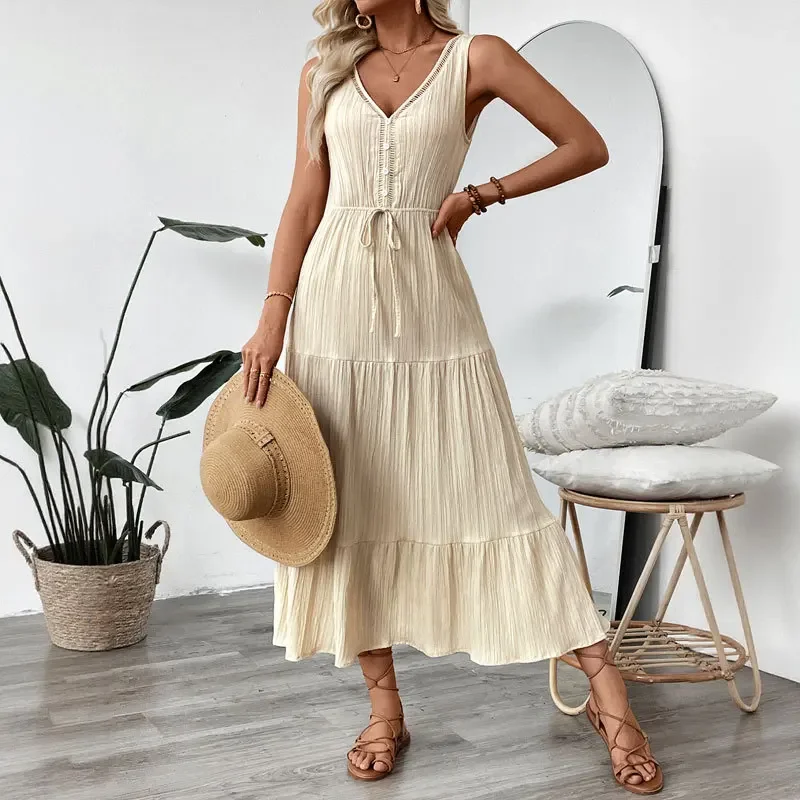 Summer New Fashionable Solid Color Women Long Dress Sexy V-neck Female Sleeveless Beach Vacation Vestidos
