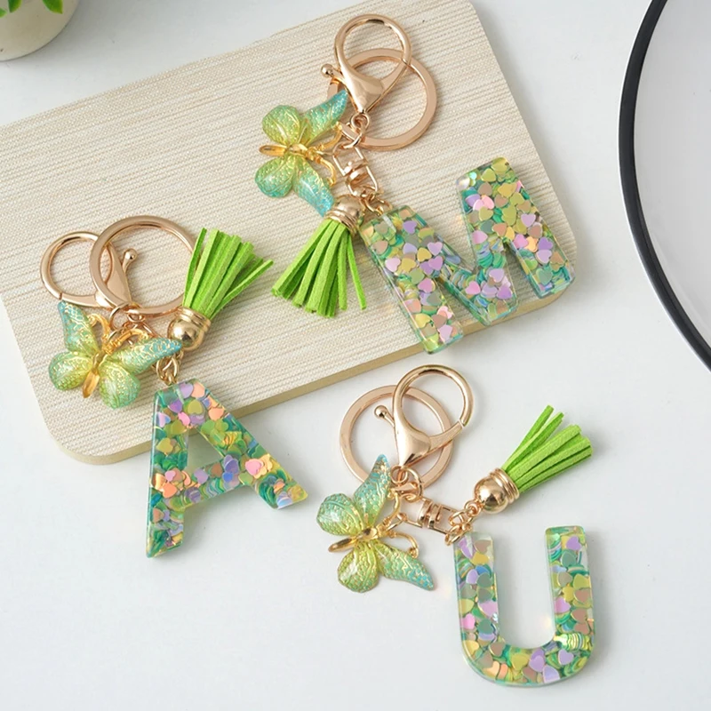 

A-Z Initial Letter Keychain Green Butterfly Tassel Letter Charm Bag Pendant Couple Key Holder Pendant For Friend Gifts
