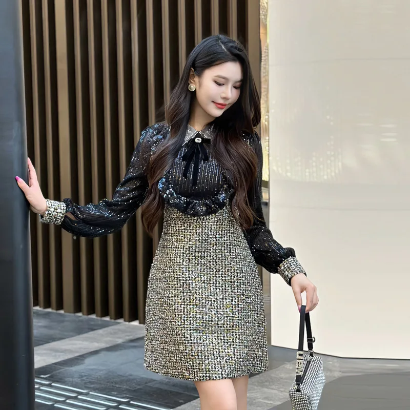 

Women Lapel Splicing Mini Dress New Spring Mesh Sequin Dresses Autumn Female Elegant High Waist Lantern Sleeve A Line Dress