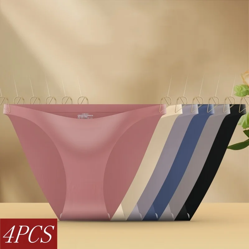 4Pcs/Set Seamless Briefs Ice Silk Panties Sexy Underwear Women Underpants Low Waist Female Soft Soli