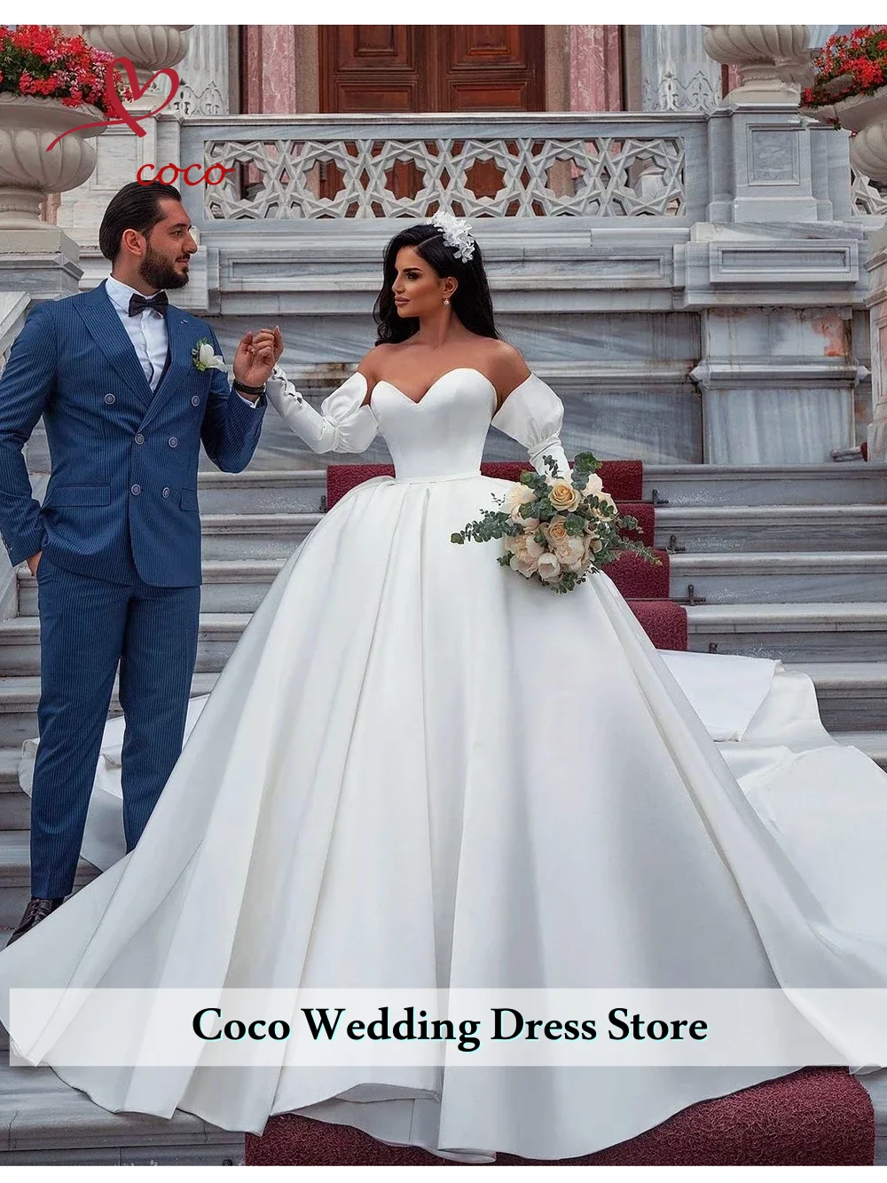 

Customized Exquisite Strapless Wedding Dresses Sweetheart Bridal Gowns Long Train Puffy Sleeves Vestido de novia