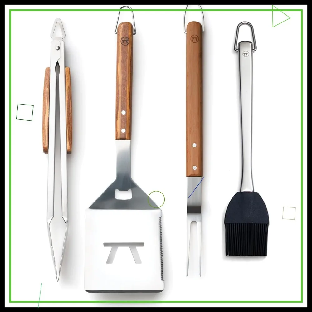 

Stainless Steel Grill Tool Set with Bamboo Handles, Includes Spatula, Tongs, Fork, and Sauce Brush for BBQ Cooking