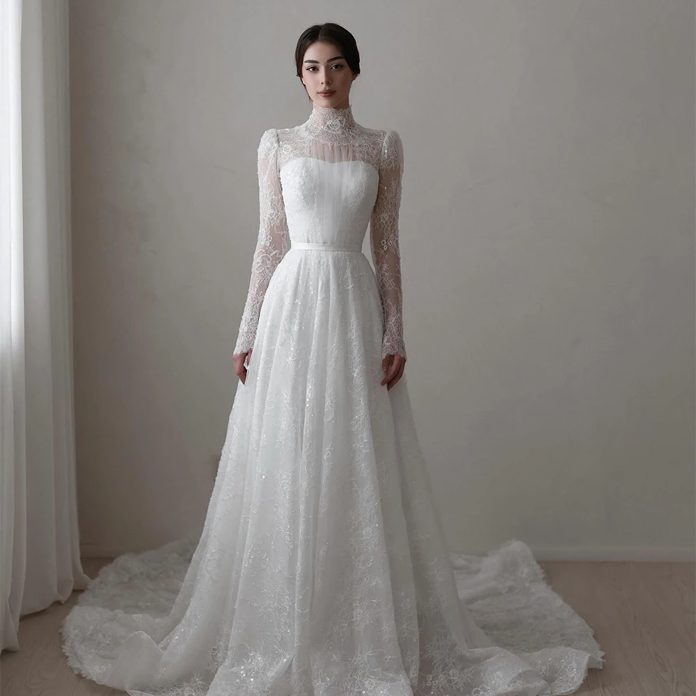 

Lace Wedding Dresses High Collar Long Sleeve A-Line Luxury Bride Dress Sweep Train Bridal Gown Customized vestidos de novia