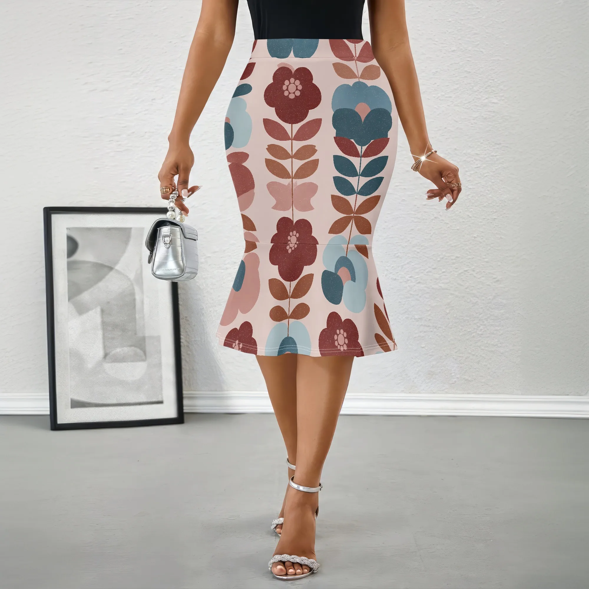 

Retro Floral Print Midi Skirt, Vintage Pattern Pencil Skirt, High Waist Bodycon Skirt, Office Party Wear, S-2XL