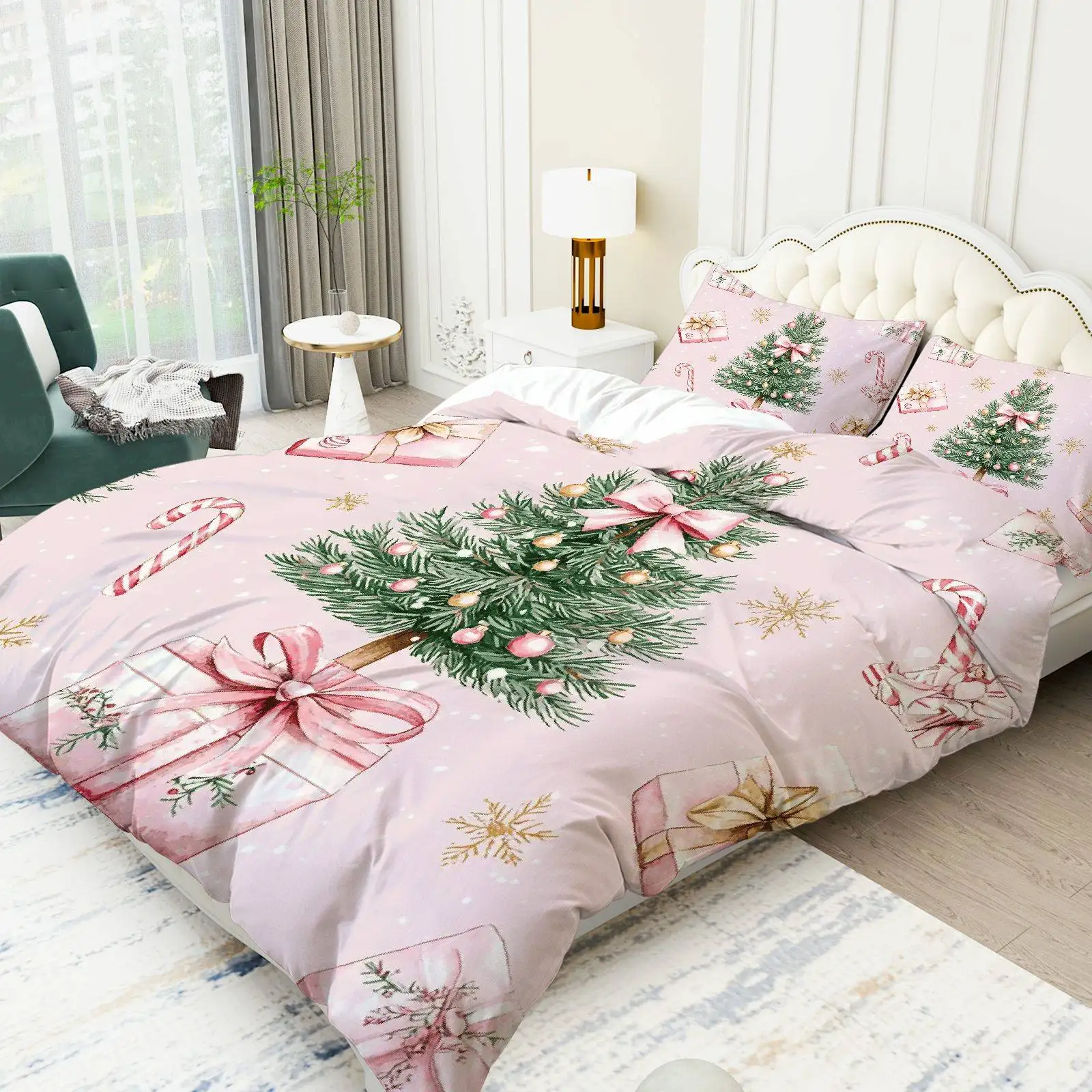 parure-de-lit-3-pieces-avec-arbre-de-noel-et-canne-a-sucre-literie-rose-doux-et-doree-avec-fermeture-a-glissiere-decorative-confortable-toutes-saisons