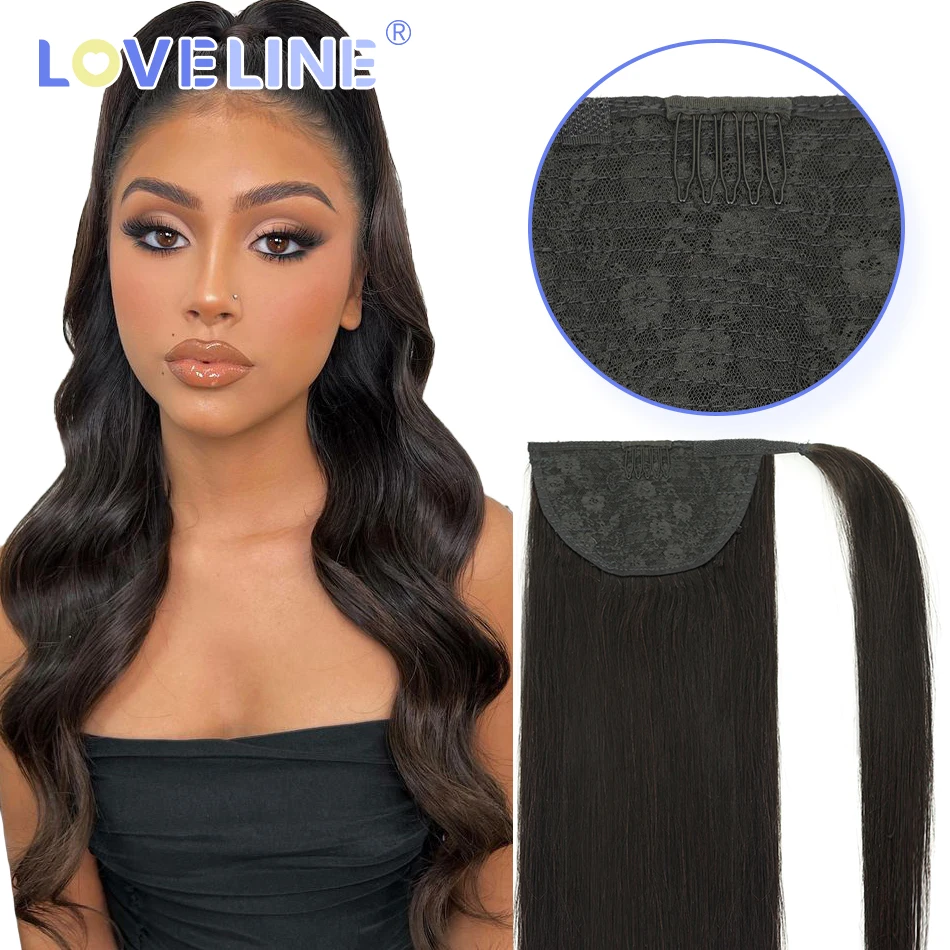 LOVELINE 160G Ponytail Human Hair Extensions with Clip Straight Natural Color Virgin Remy Hair 20