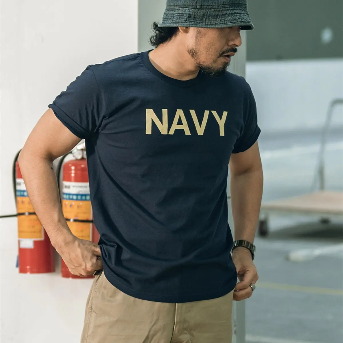 Qingtian Workwear, American Retro Round-neck NAVY Pure Cotton Printed Short-sleeved T-shirt Men's Amei Kaki Tough Guy Base Layer