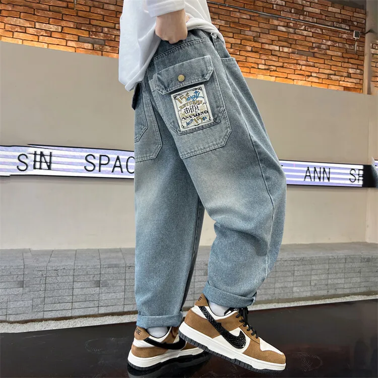 

New Teenage Boy Blue Loose Straight-Leg Harem Jeans Pants For Children Kids Cargo Denim Trousers With Pocket 5 7 9 11 13 14Yrs