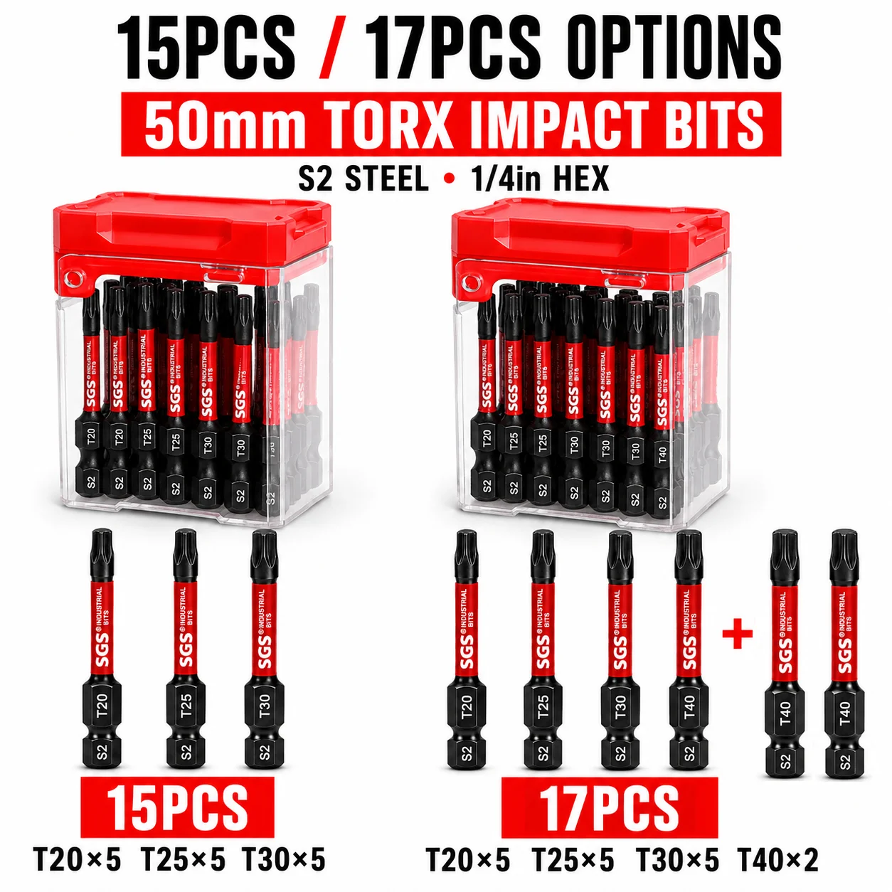 15/17-teiliges 50mm Magnetisches Torx-Schlagschrauber-Bit-Set T20 T25 T30 T40, S2-Stahl 1/4 Zoll Sechskant-Bit-Set mit Koffer für Terrassendielen- und Möbelreparatur – Detail 2