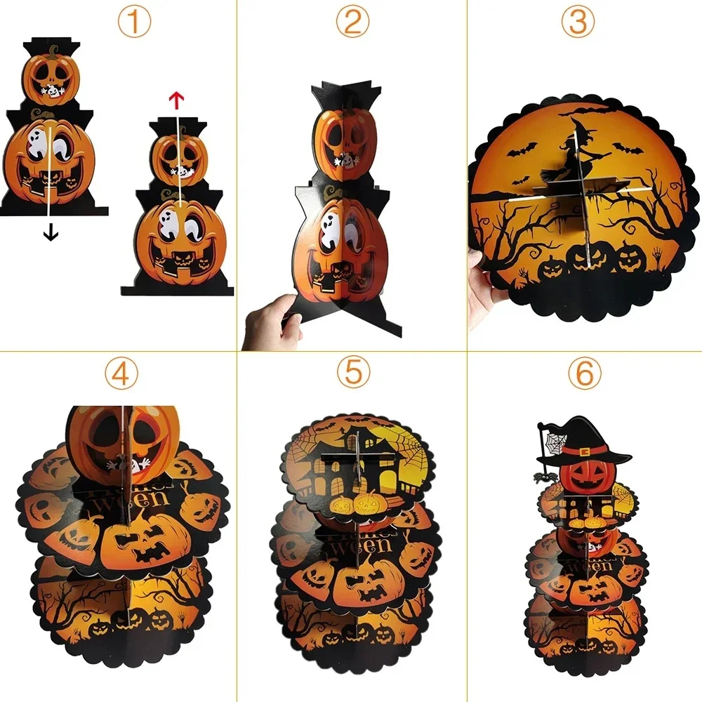 1pc Halloween Dessert Tower Spooky Face Arachnid Gourd 3 Tier Cupcake Display Witch Cap Topped Paper Stand Eerie Festivity