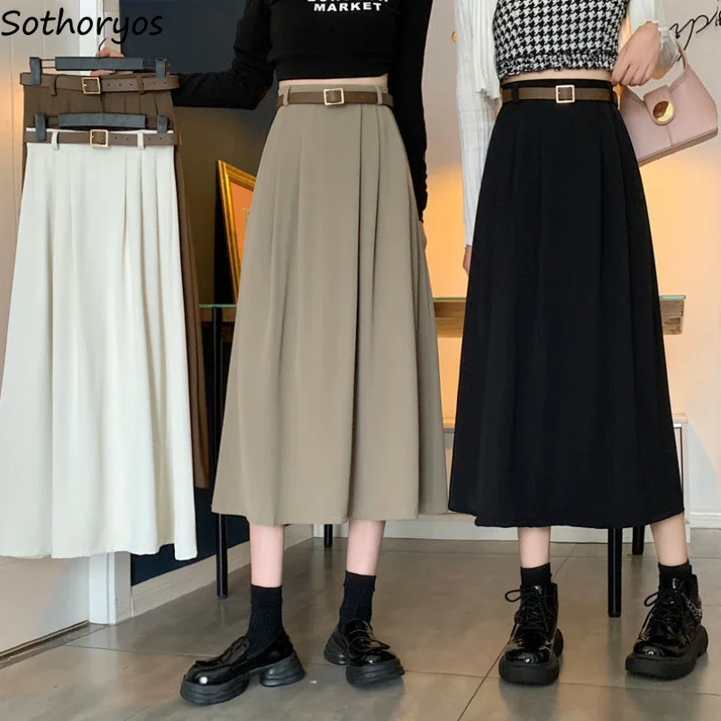 

Midi Skirts Women High Waist Design Fashion Preppy Style Elegant Female Simple Folds All-match Sweet Pure Color Spring New Ins