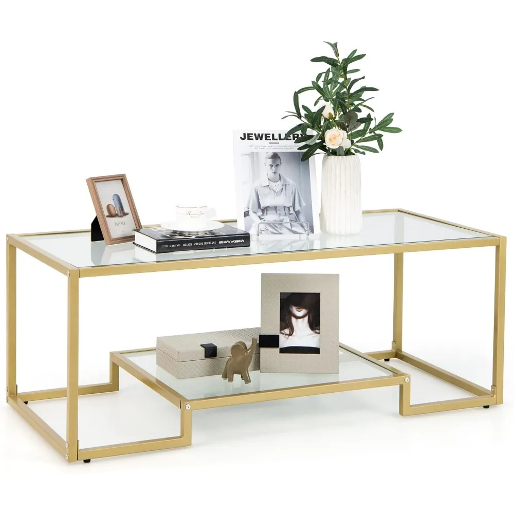 

Rectangular Glass Coffee Table, 45 Wide Modern Tempered Glass Center Table With Golden Steel Frame, 2 Tier Accent Table
