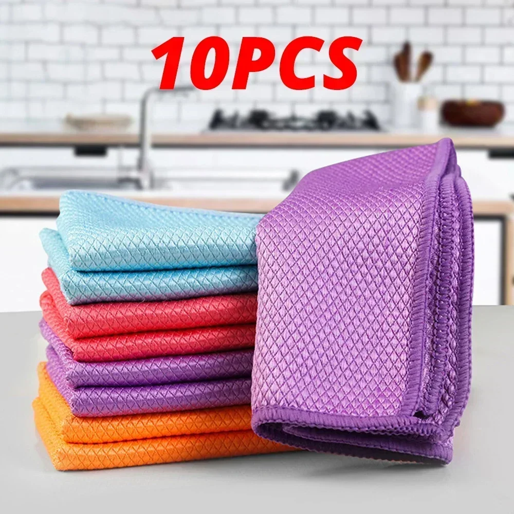 5pcs Microfiber Checkered Fish Scale Towel Non Stick Oil Absorbent for Windows Kitchen Polishing Reusable Glass Cleaning Cloth