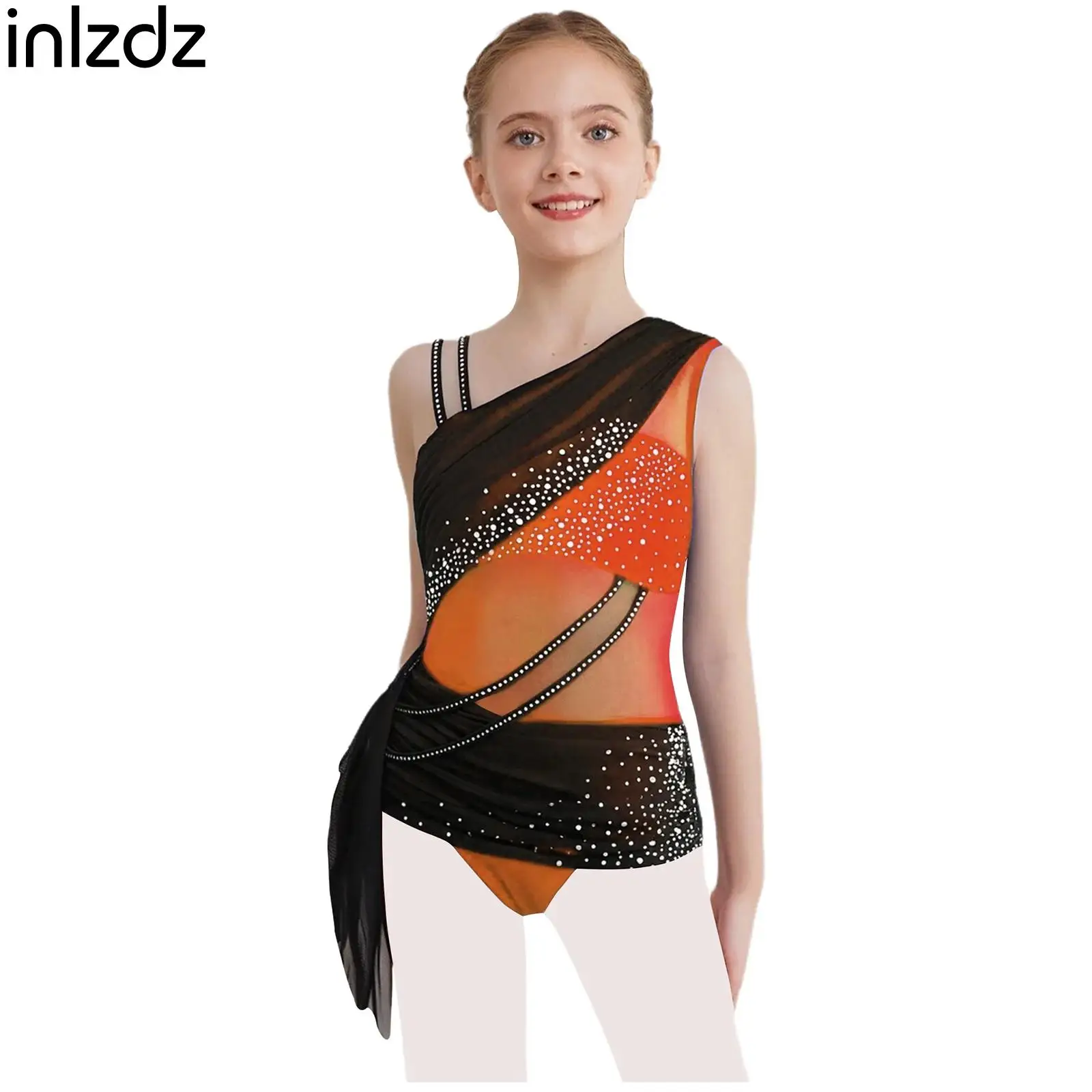 

Kids Girl Asymmetrical Shiny Rhinestones Mesh Lyrical Modern Leotard Dress for Ballet Jersey Gymnastics Figure Skating Costume