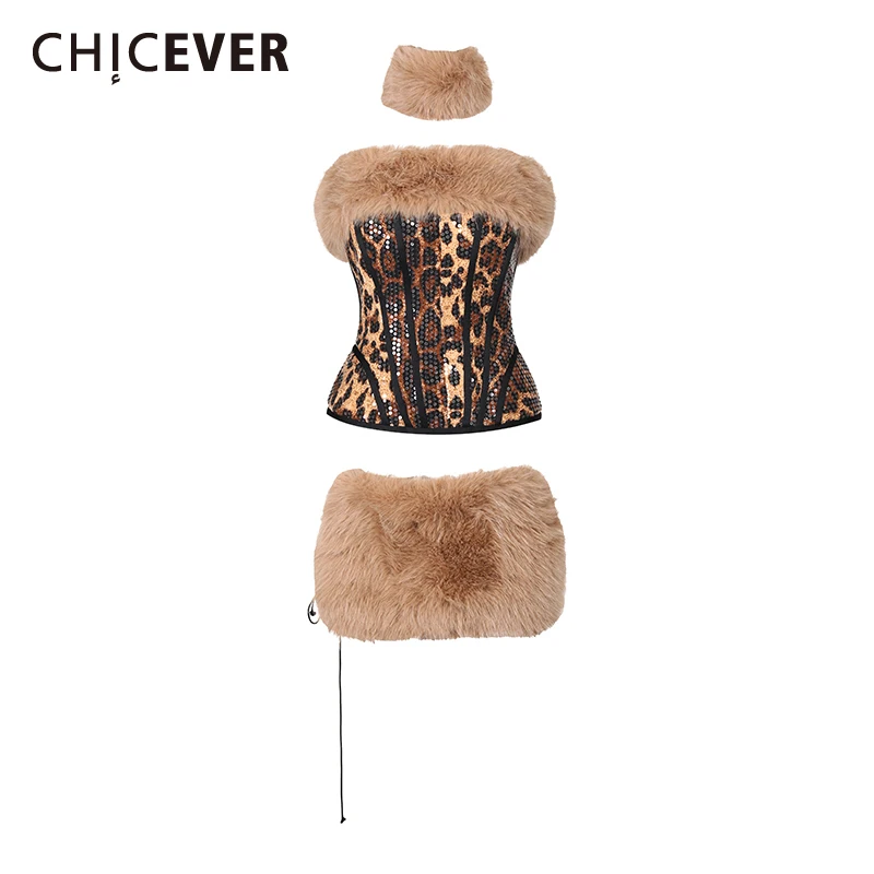 

CHICEVER леопардовый комплект из двух предметов с мехом, женский жилет без рукавов с разрезом на шее, женские комплекты с юбкой в американском стиле ретро, летняя мода