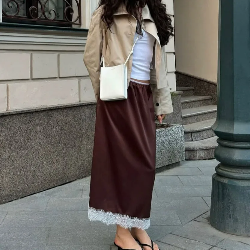 

Y2k Lace Trim Satin Straight Skirt Women Autumn Fashion Patchwork High Waist Bottoms Casual Streetwear Sexy Chic Skirts