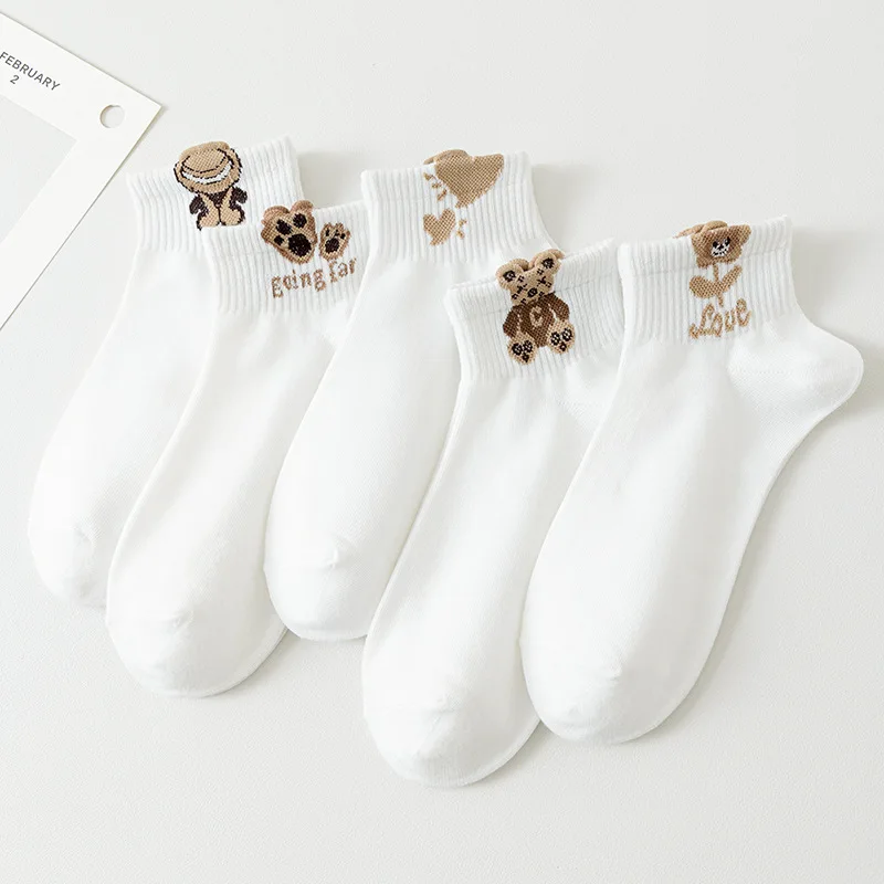 

5 пар женских носков до щиколотки с рисунком плюшевого мишки, универсальные модные креативные дышащие носки, удобные повседневные носки