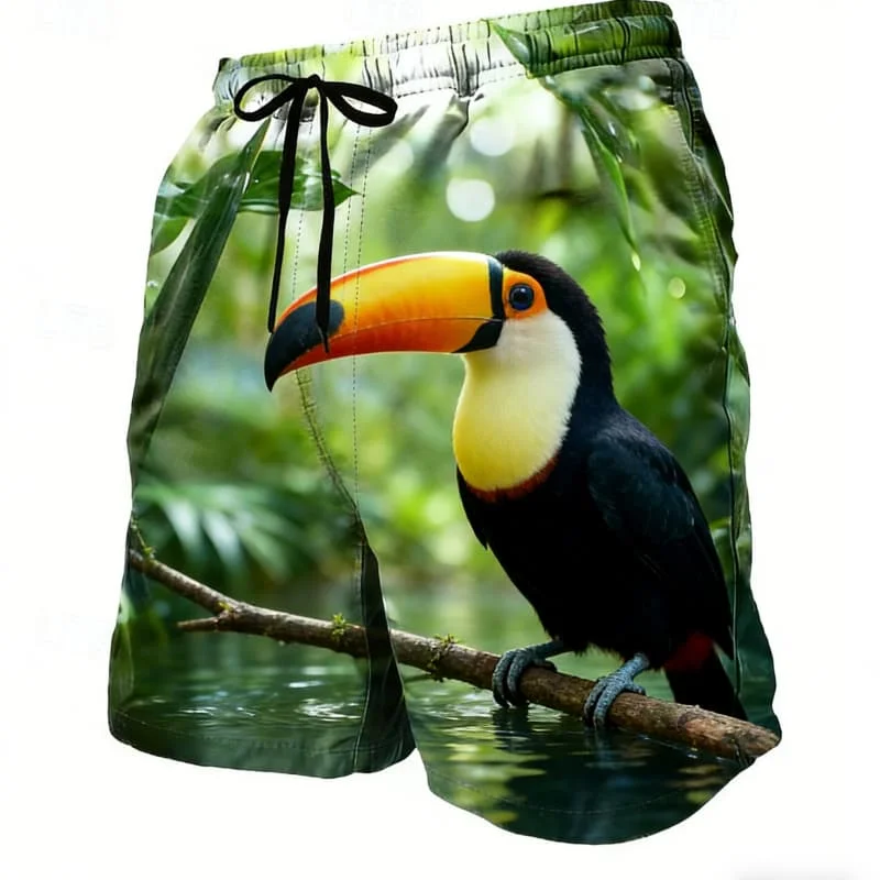 

Пляжные шорты с реалистичным принтом тропических животных, мужские повседневные плавки на шнурке, идеально подходящие для отдыха на природе и пляжа.