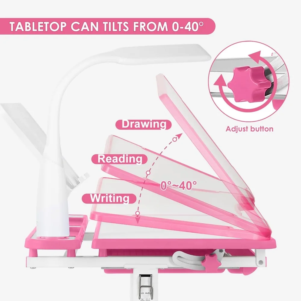 Artist hand Kids Study Table and Chair Set,Adjustable Girls School Writing Study Table,with Large Writing Board LED Pull Out