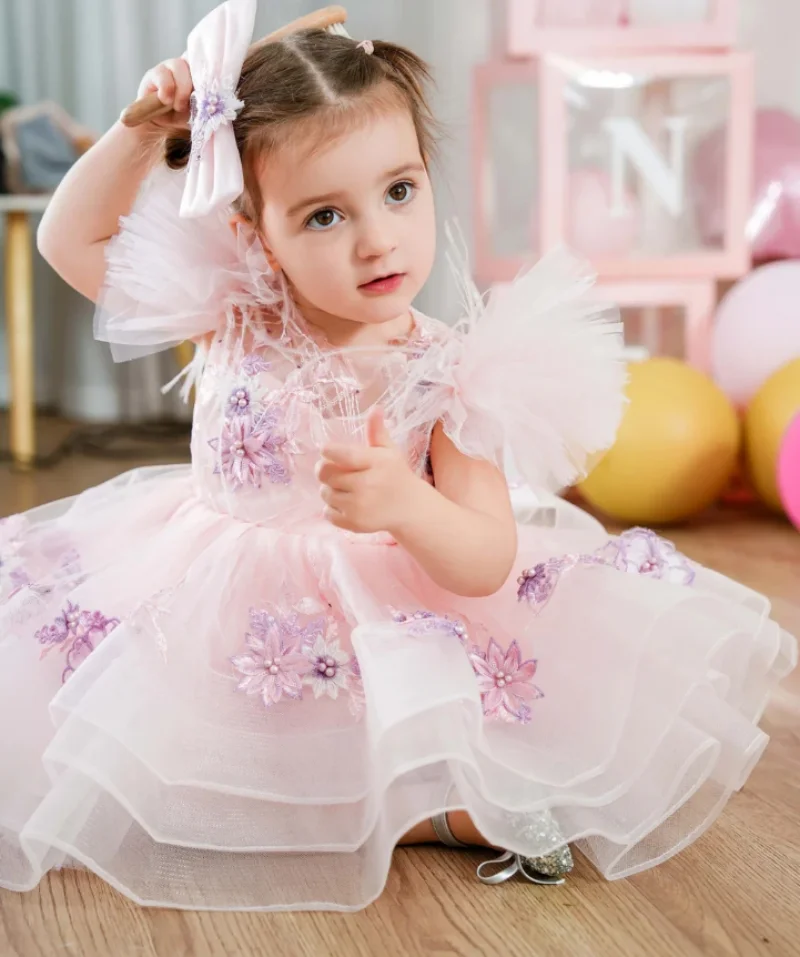 Baby Girls Dress With HeadBow Flower Girl Dress Kids Birthday Party Christmas Dresses First Communion Gown