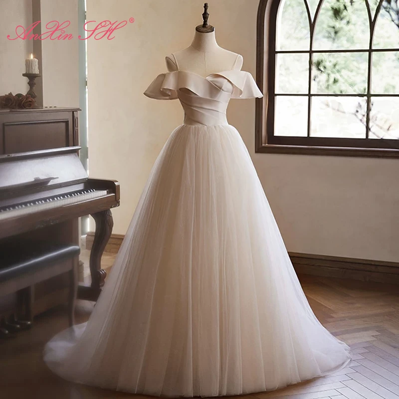 

AnXin SH french retro princess champagne soft satin and lace boat neck ruffles party bride lace up customized evening dress
