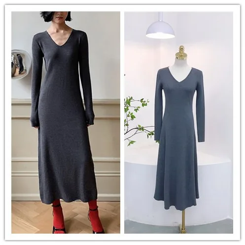 7385 otoño nuevo Melad estilo minimalista falda acampanada drapeada de gama alta Color sólido cuello en V vestido de punto de manga larga